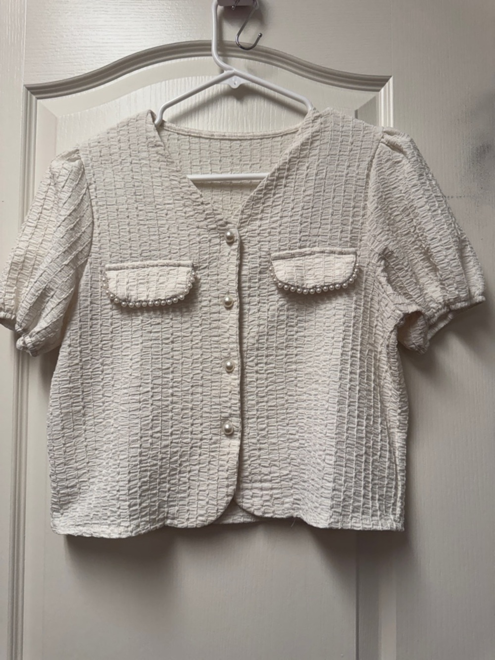 Pearl-Button Textured Cropped Top - Cream